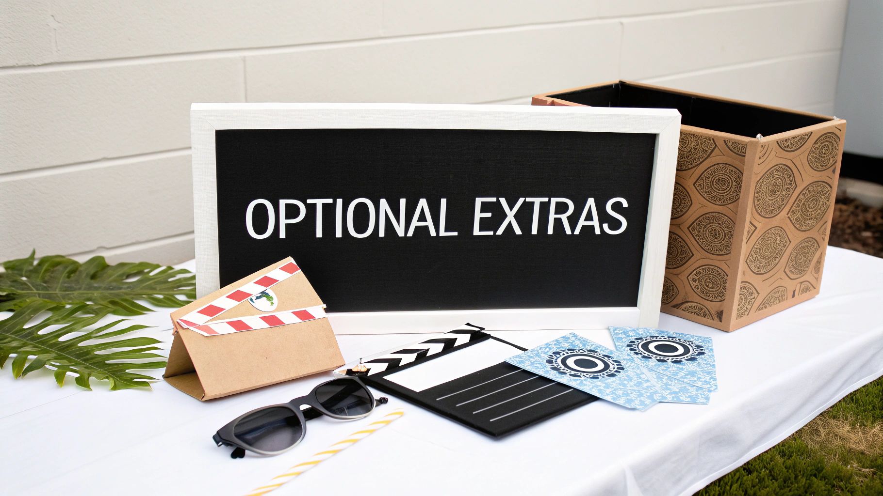 A close-up of a stylish wedding photo booth prop box, filled with fun and unique items.