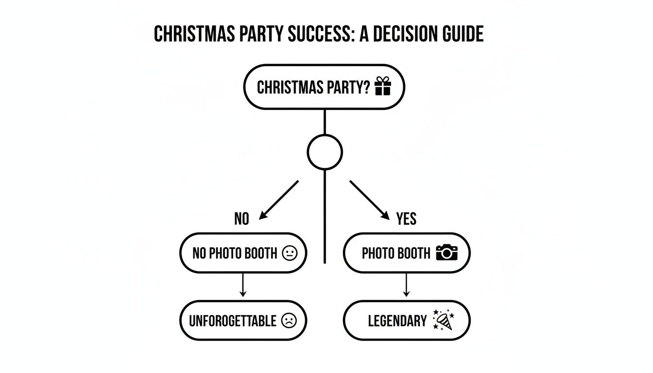 A Christmas party decision guide flowchart illustrating that a photo booth leads to a legendary event.