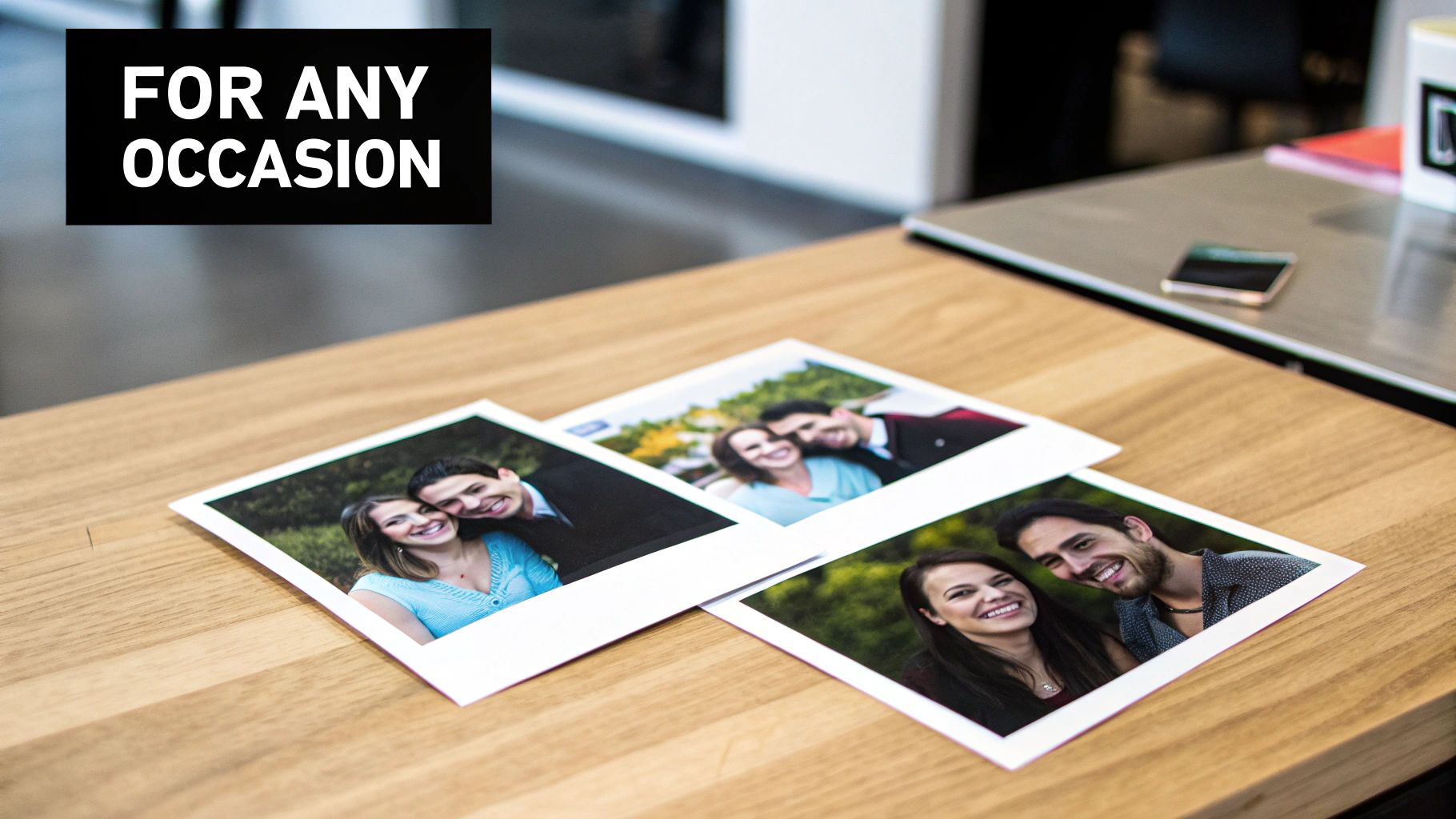 Three polaroid-style photos of happy couples on a wooden desk, with a 'For Any Occasion' sign.