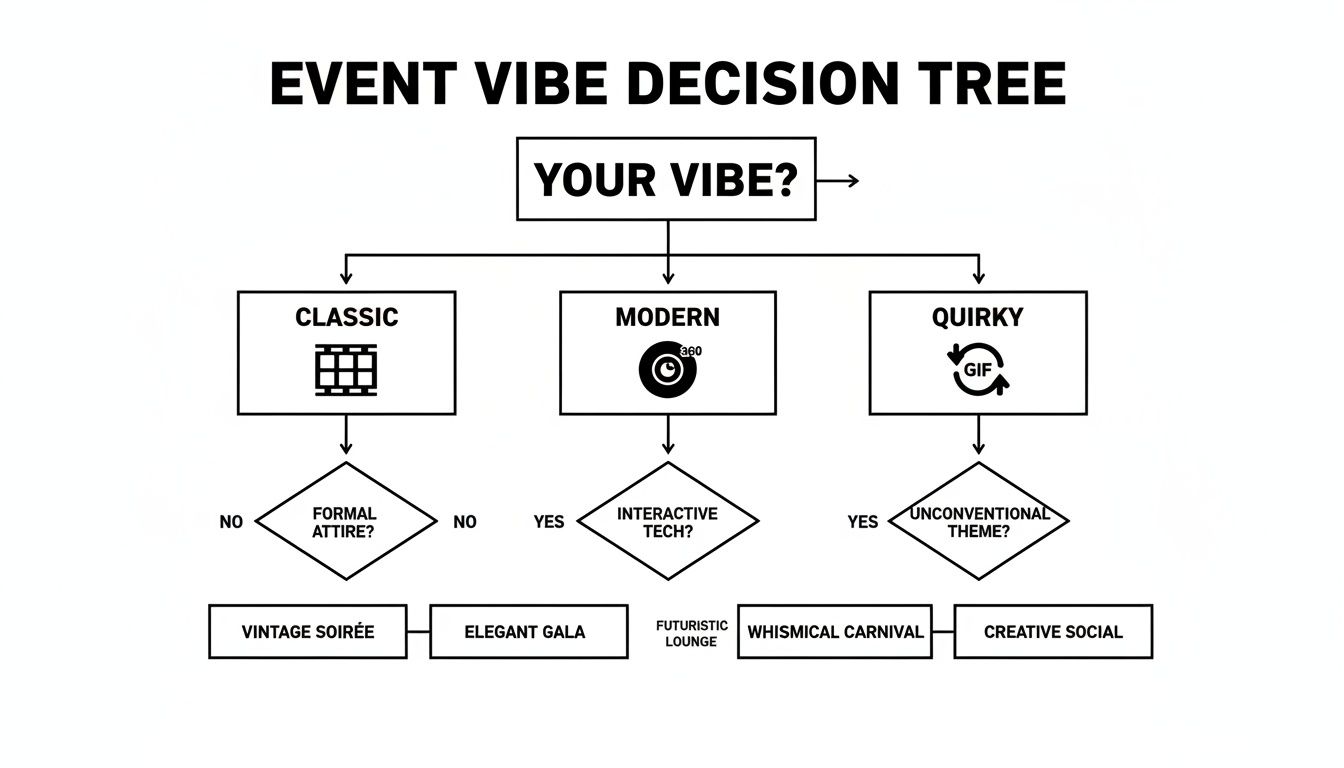 An event vibe decision tree diagram showing classic, modern, and quirky options with their outcomes.