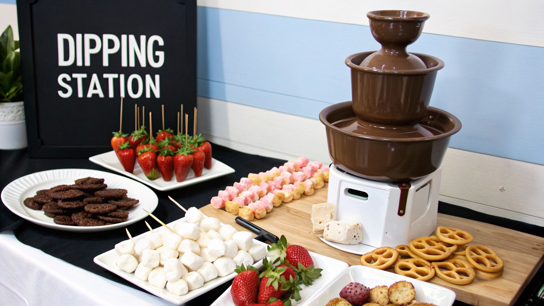 A dessert table featuring a chocolate fountain with strawberries, marshmallows, pretzels, and cookies.