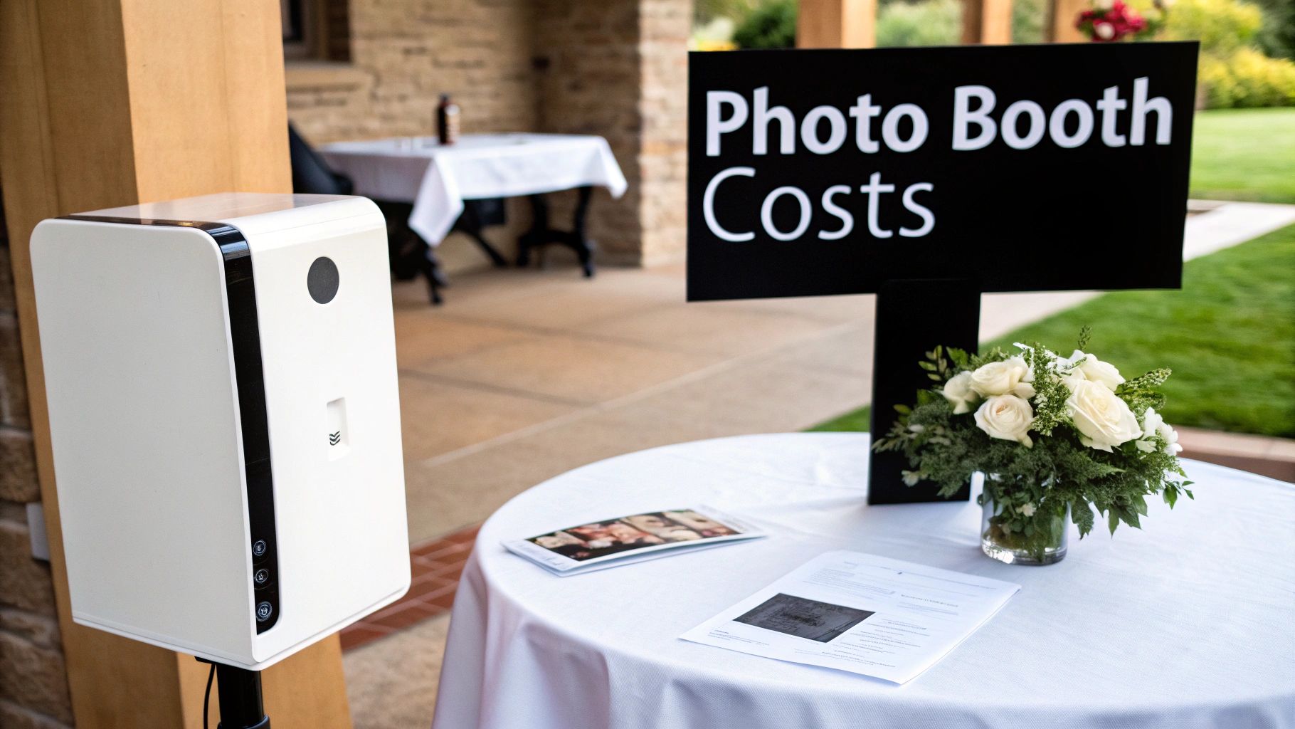 A white photo booth machine, a 'Photo Booth Costs' sign, and flowers on a table at an outdoor event.