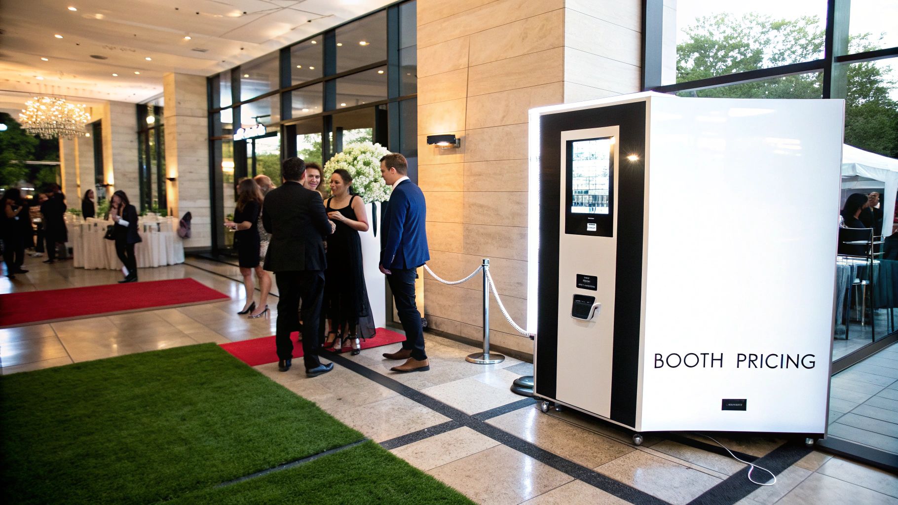 Guests having fun in a photo booth with props at an event