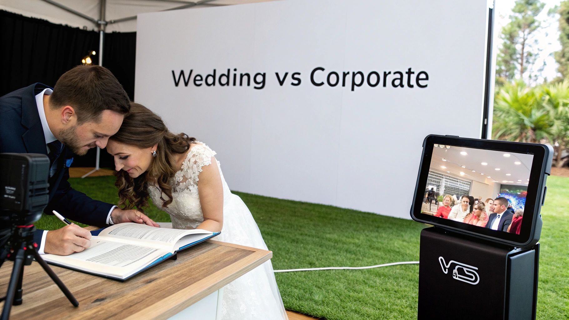 A smiling wedding couple signs a book next to a photobooth with 'Wedding vs Corporate' sign.