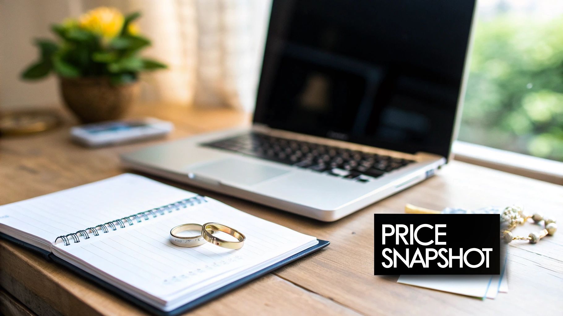 Two gold wedding rings rest on an open notebook next to a laptop on a wooden desk.