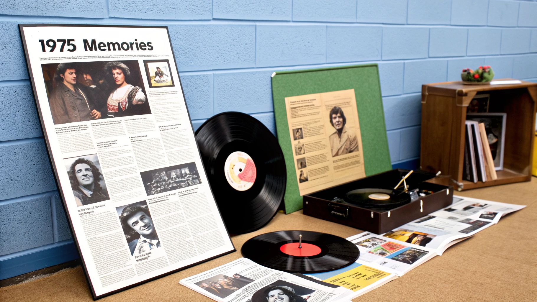 A retro-themed 50th birthday party with decorations inspired by 1974, including lava lamps, vinyl records, and vibrant orange and brown colours.