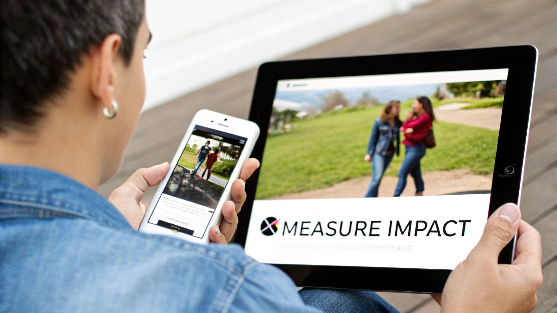 A person in a denim shirt holds a white smartphone and a black tablet, displaying images of people and 'MEASURE IMPACT' text.