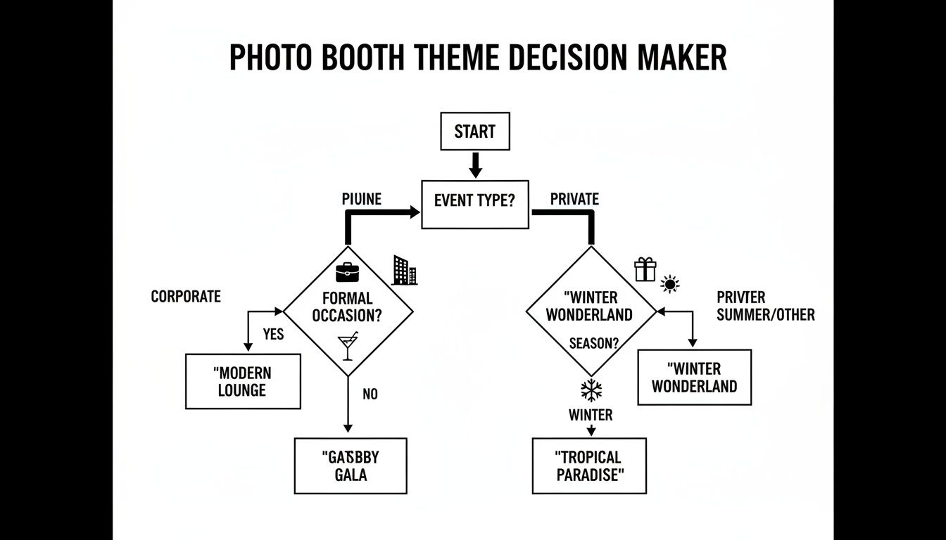 Flowchart decision maker for photo booth themes, including Modern Lounge, Gatsby Gala, Tropical Paradise, and Winter Wonderland.