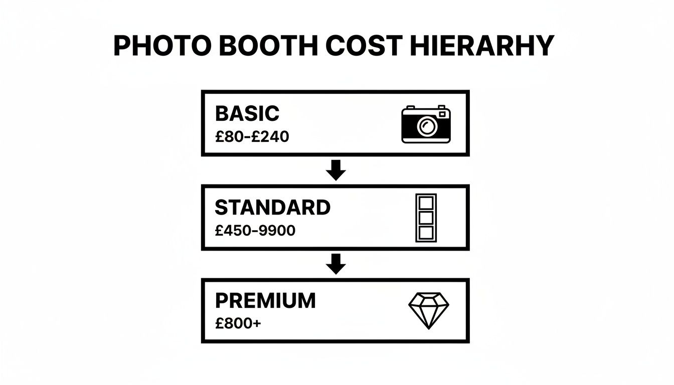 A hierarchy of photo booth costs: Basic (£80-£240), Standard (£450-£9900), and Premium (£800+).