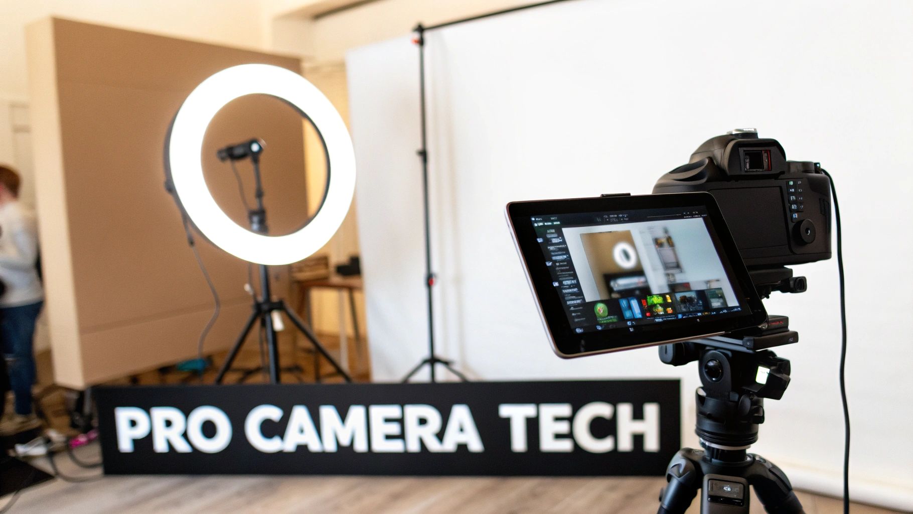 A professional camera setup with a DSLR, tablet, and ring light on stands, showcasing 'PRO CAMERA TECH'.