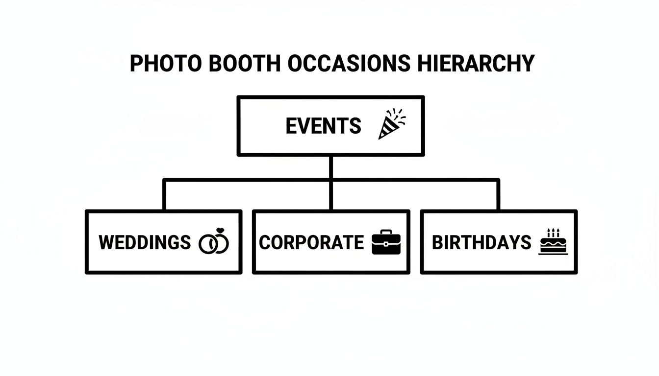 A black and white diagram illustrating photo booth occasions hierarchy, showing events like weddings, corporate, and birthdays.