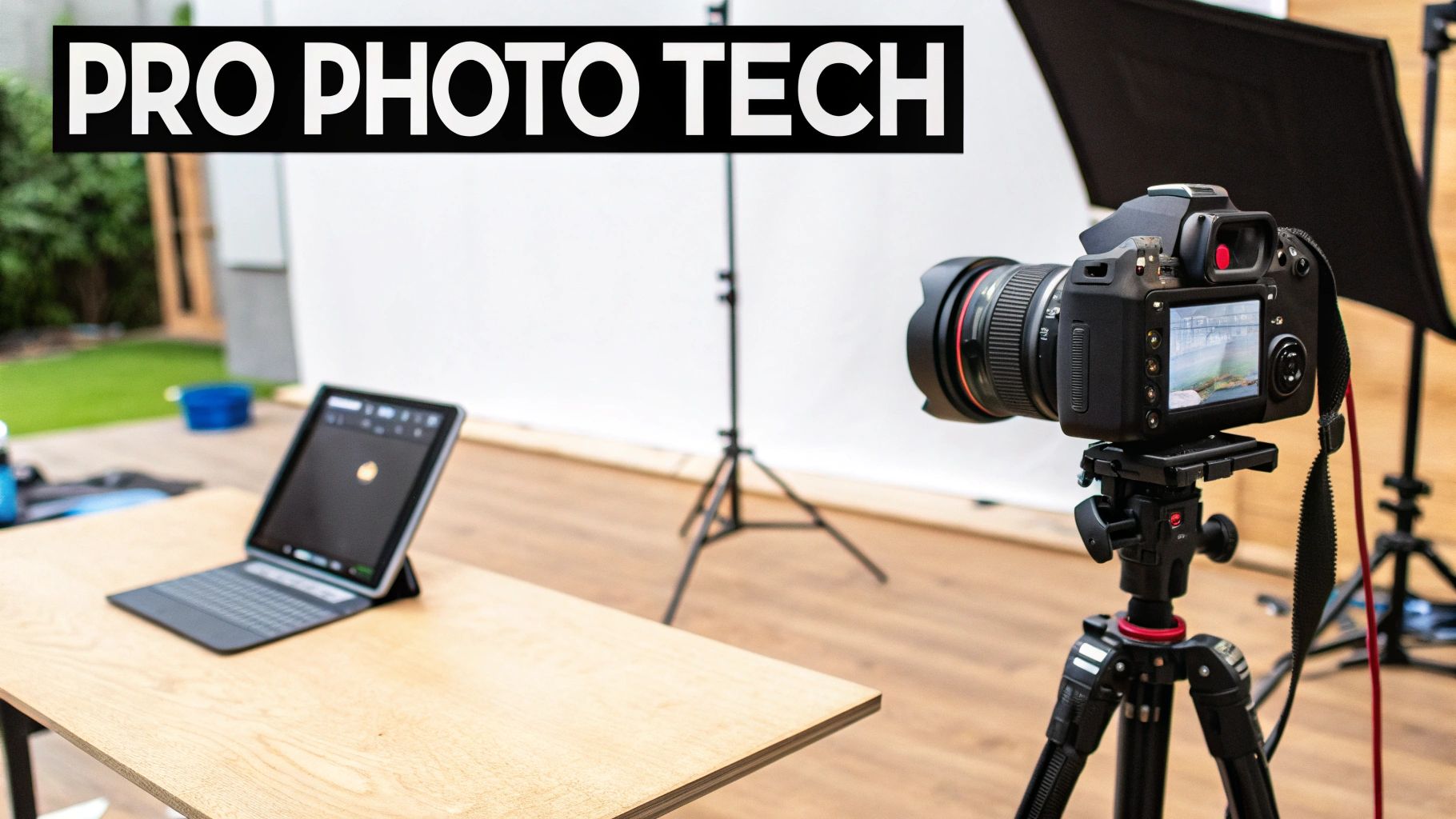A professional photography studio setup with a camera on a tripod, a tablet, and studio lights.
