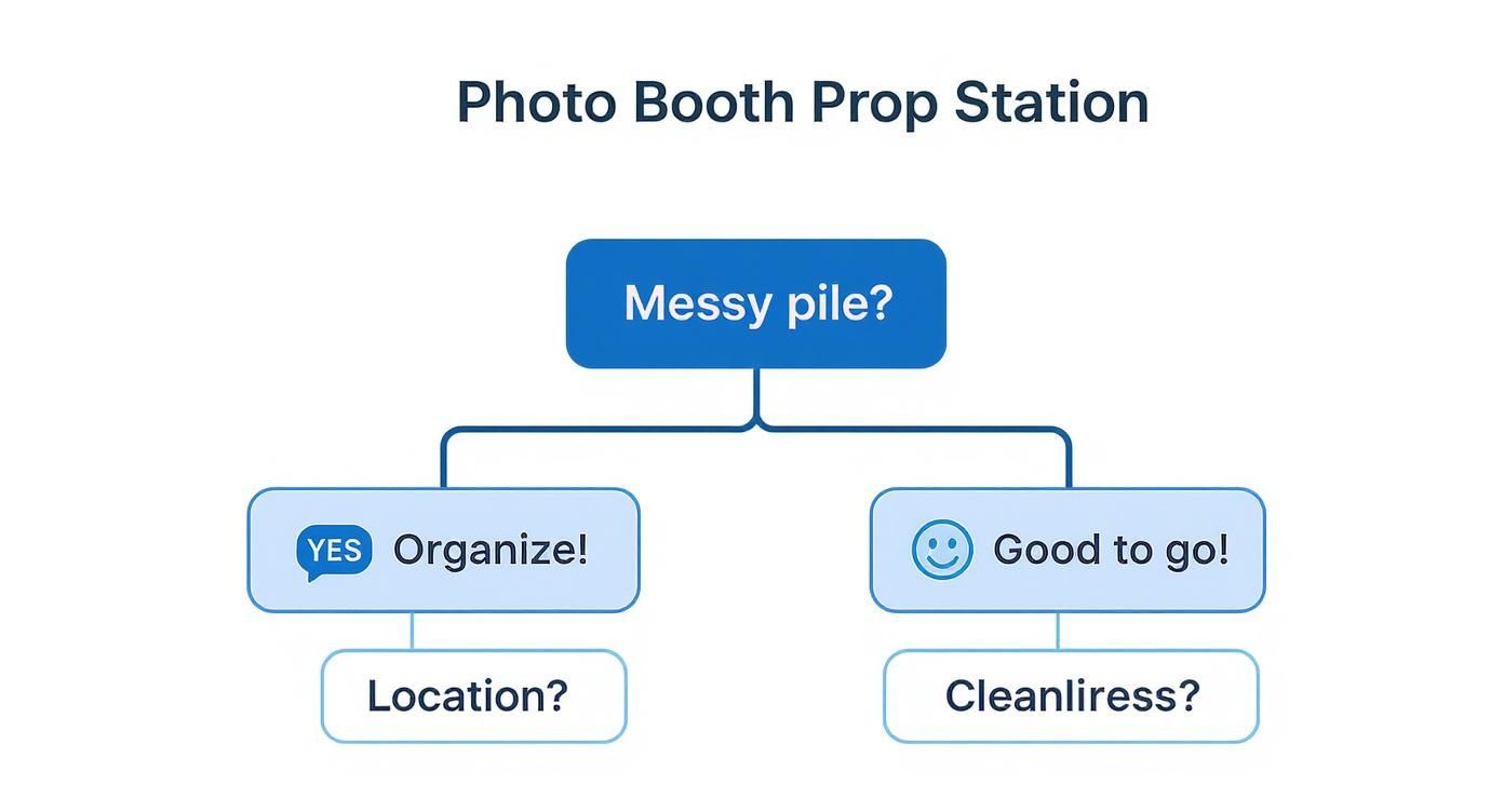 A flowchart titled 'Photo Booth Prop Station' asks 'Messy pile?'. 'Yes' leads to 'Organize!' and 'Location?', while 'No' leads to 'Good to go!' and 'Cleanliness?'.