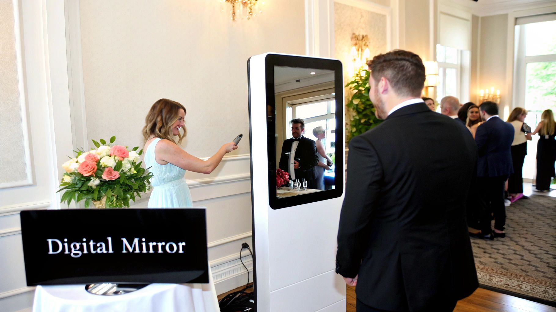 Guests smiling and posing at a digital mirror photo booth during a lively wedding reception.