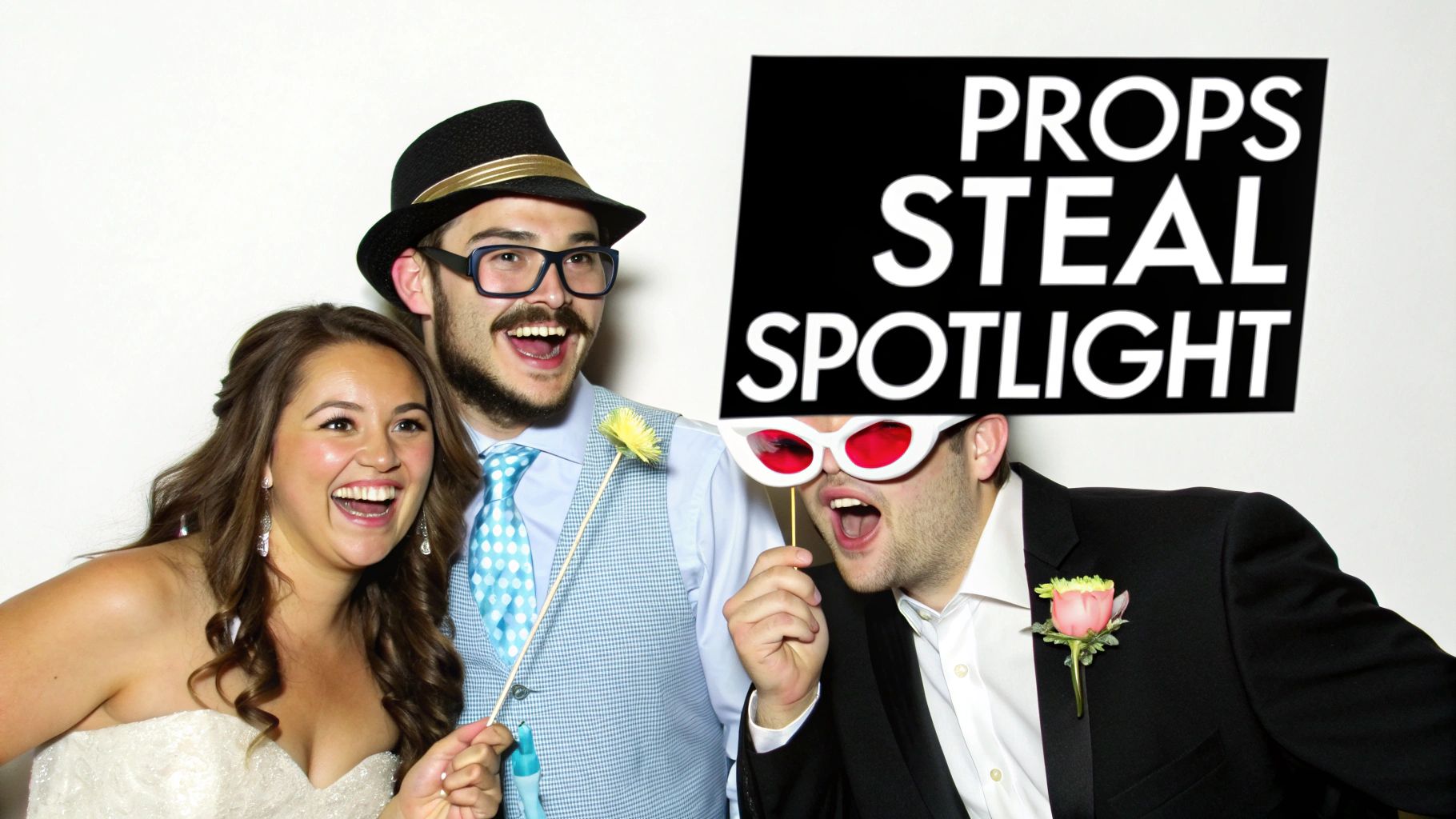 A bride and two men laugh in a photo booth with fun props and a "PROPS STEAL SPOTLIGHT" sign.