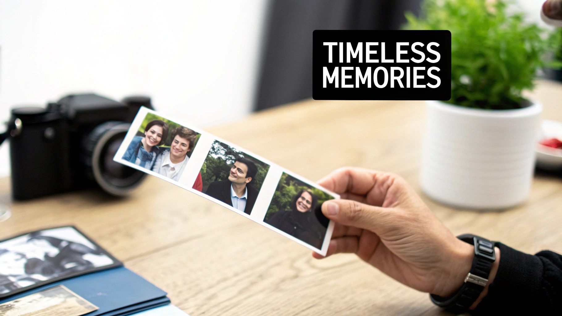 A hand holds a photo strip with four smiling faces, a camera and 'Timeless Memories' visible in the background.
