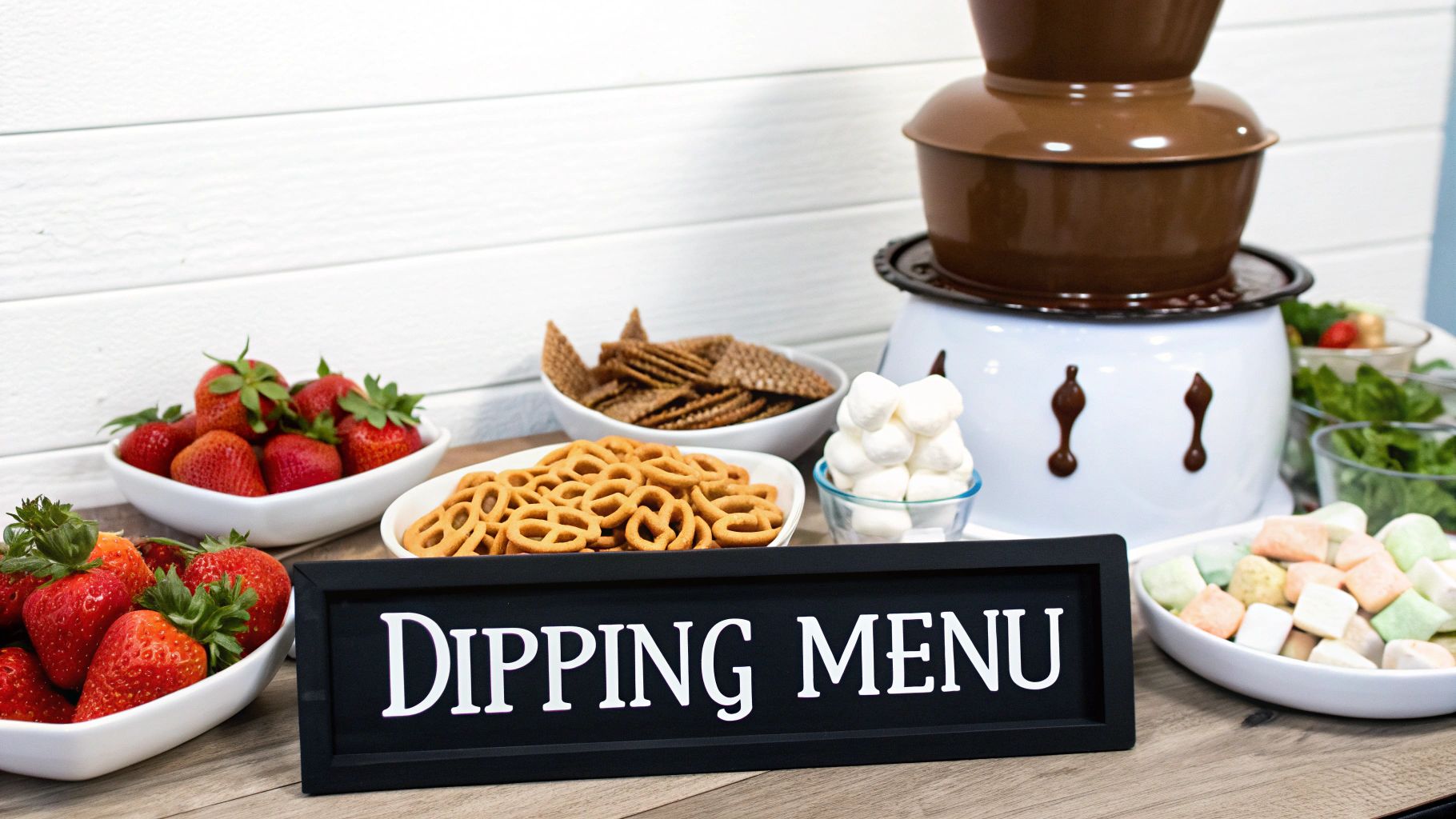 A chocolate fountain setup with bowls of fresh strawberries, pretzels, crackers, and marshmallows for dipping.