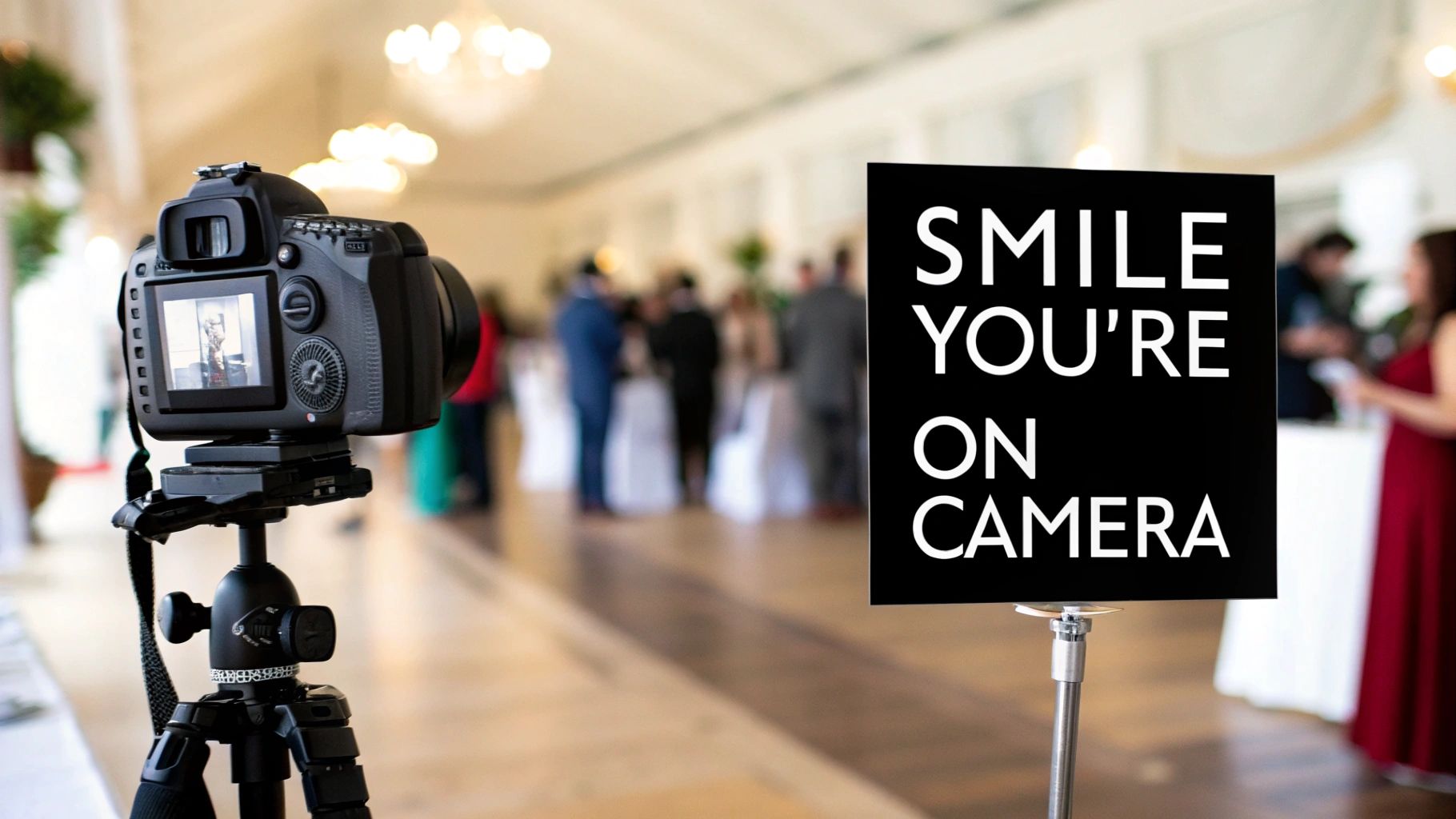 A camera on a tripod is set up at an event, with a 'Smile You're on Camera' sign.