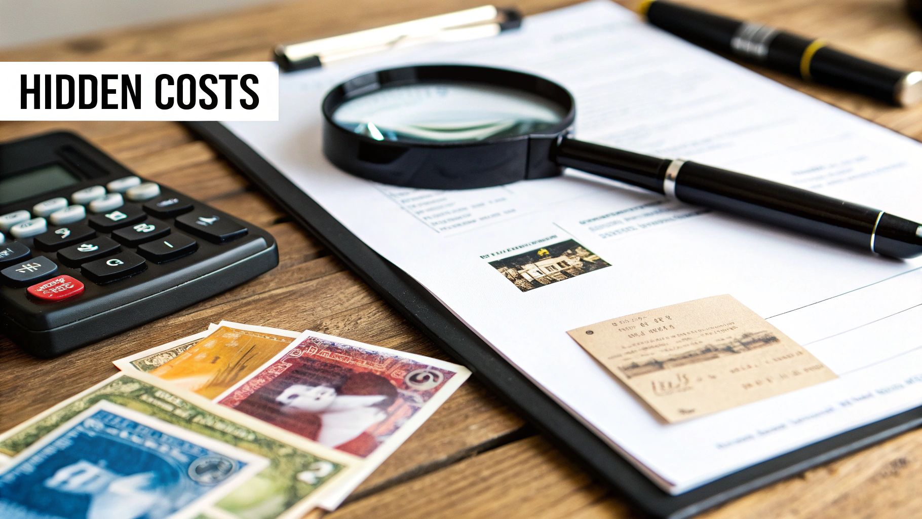 A calculator, magnifying glass, papers, and currency on a desk, symbolizing hidden costs.