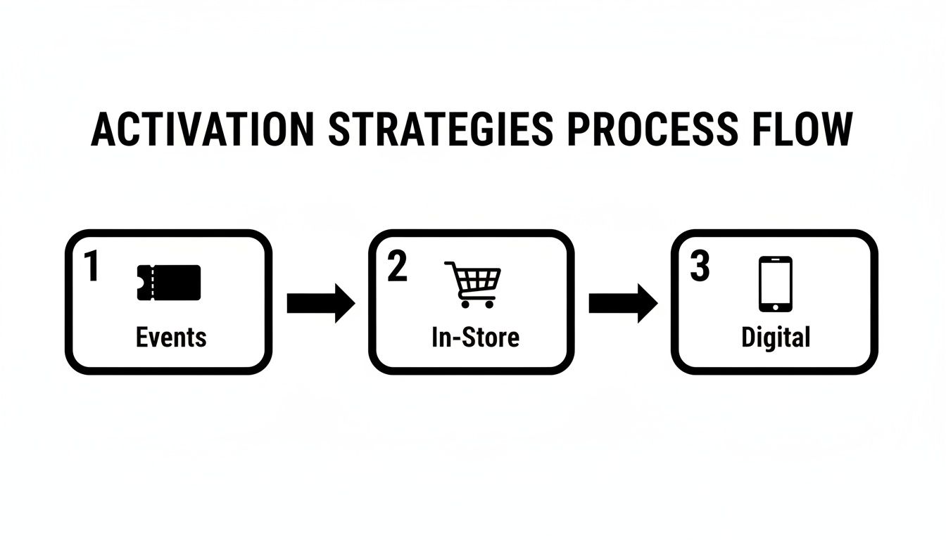 A process flow diagram showing activation strategies: 1. Events, 2. In-Store, and 3. Digital.