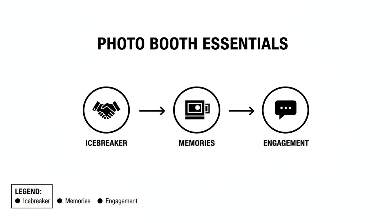 A diagram outlining photo booth essentials: icebreaker, memories, and engagement, with corresponding icons.
