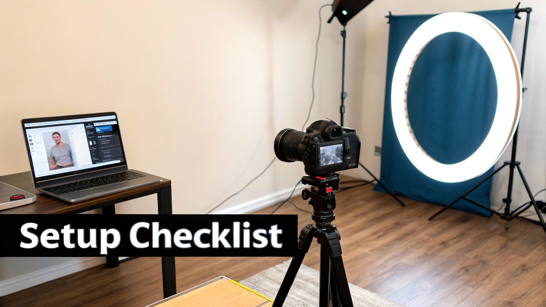 A video setup checklist image showing a camera on a tripod, a ring light, laptop, and blue backdrop.