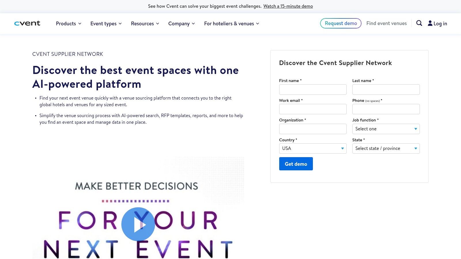 A screenshot of the Cvent Supplier Network website interface, showing a detailed search filter panel and venue listings for London.
