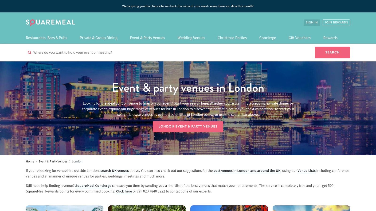 A screenshot of the SquareMeal Venues & Events (London) website, showing a curated list of top venues and search filters.