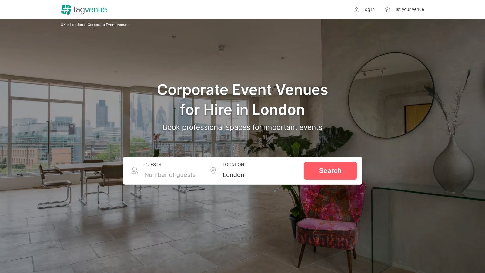 A screenshot of the Tagvenue website interface showing a list of corporate venues in London, with filters for price and capacity.