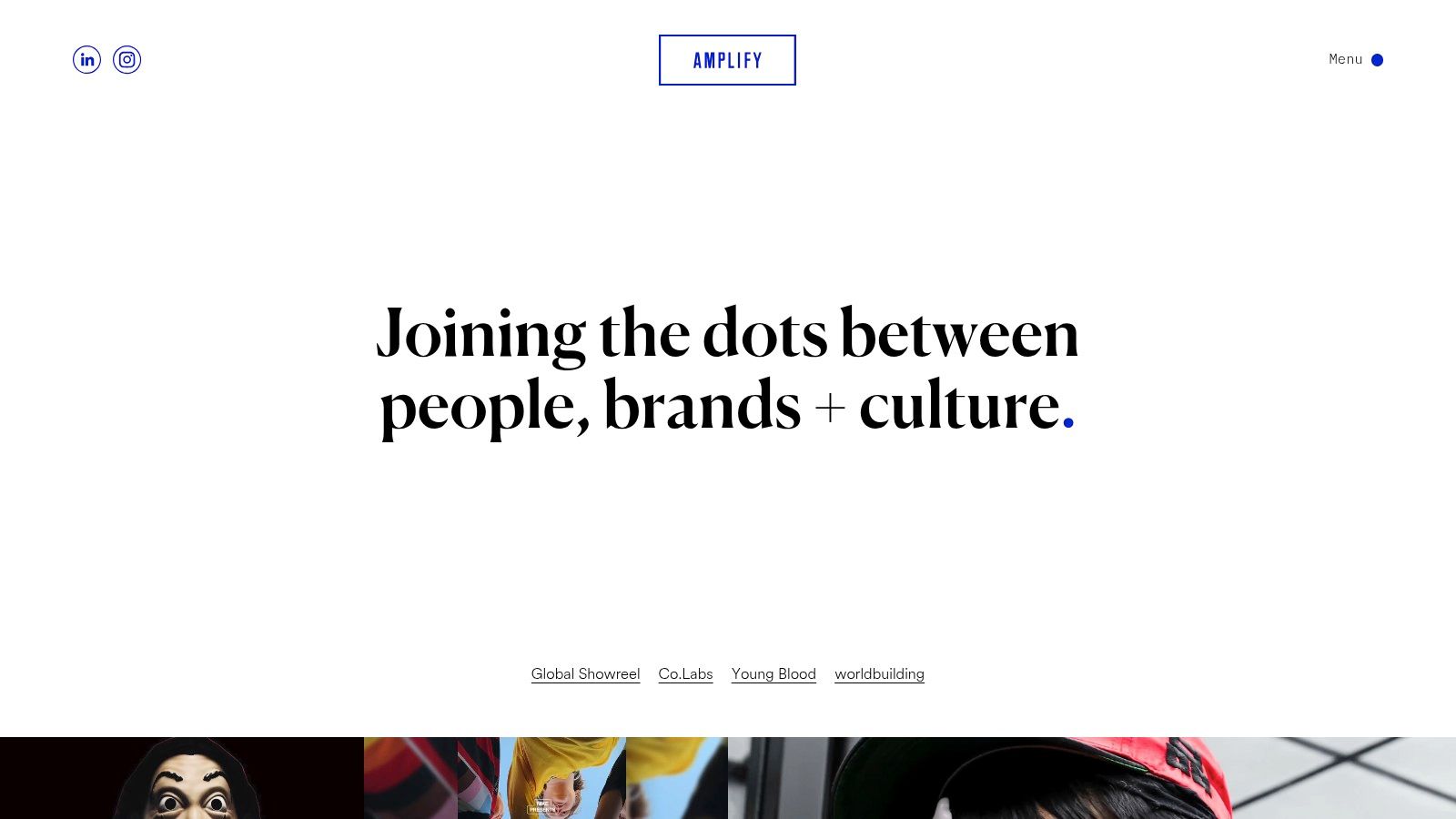 Amplify website homepage showing a dynamic visual from a brand event.