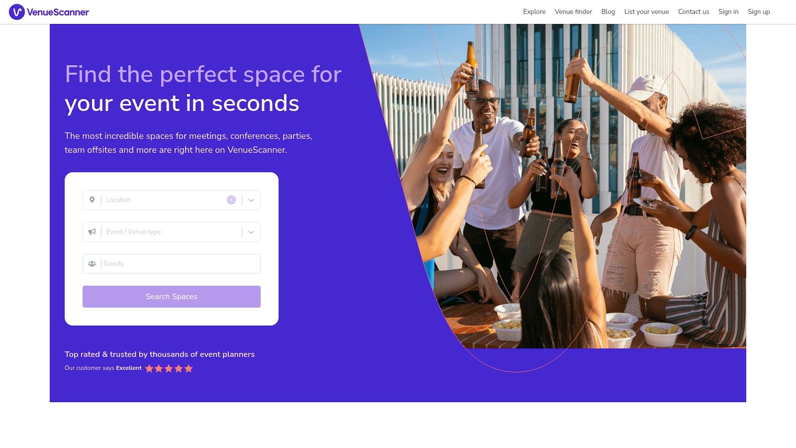 A vibrant outdoor party setting with colourful decorations and guests mingling, showcasing the type of venue available on VenueScanner