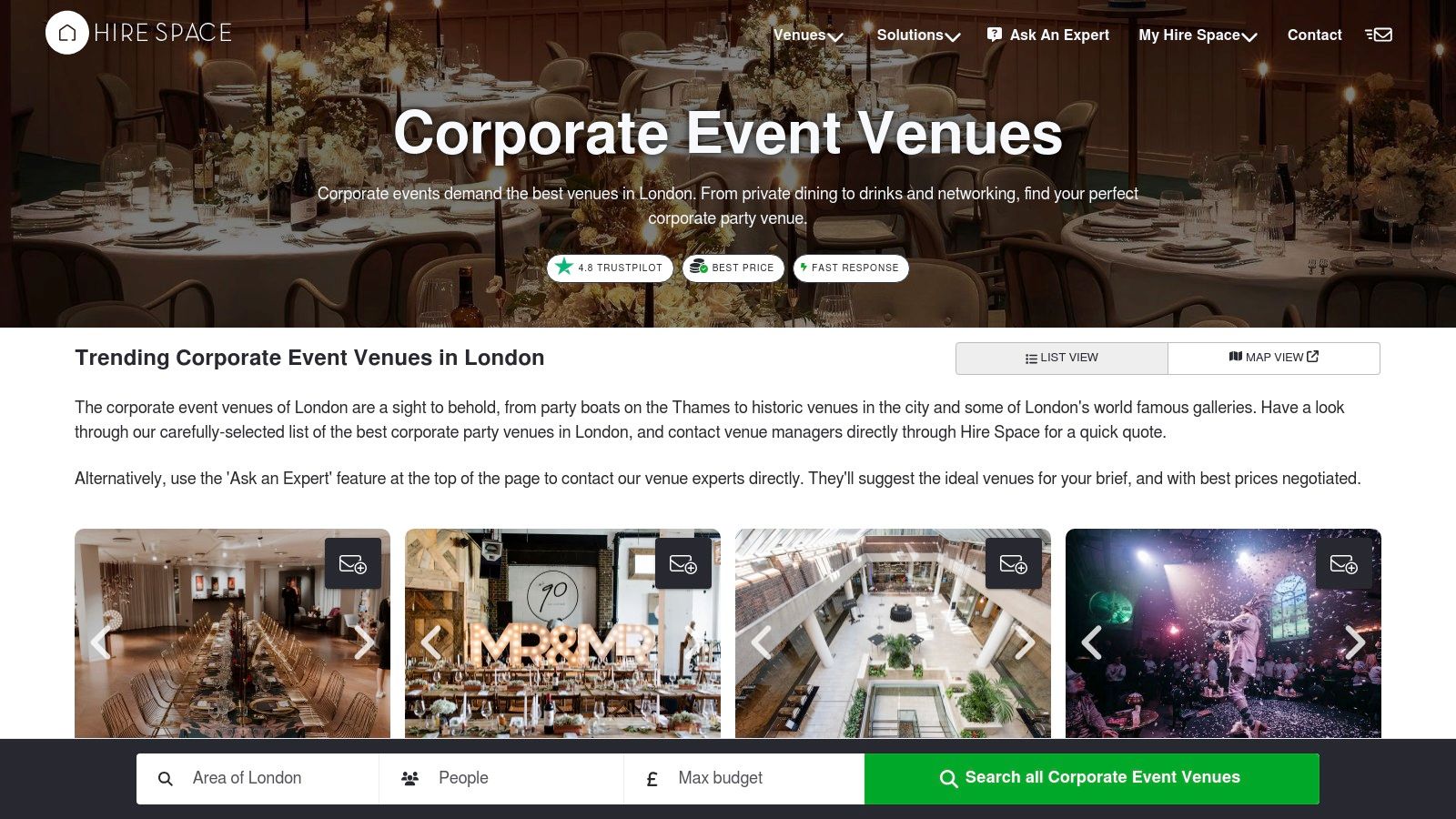 A screenshot of the Hire Space website showcasing a search for corporate event venues in London, with a map view and various venue listings.