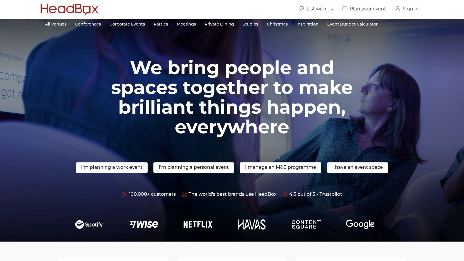 A screenshot of the HeadBox website's homepage, showing its search functionality and curated collections for London event venues.