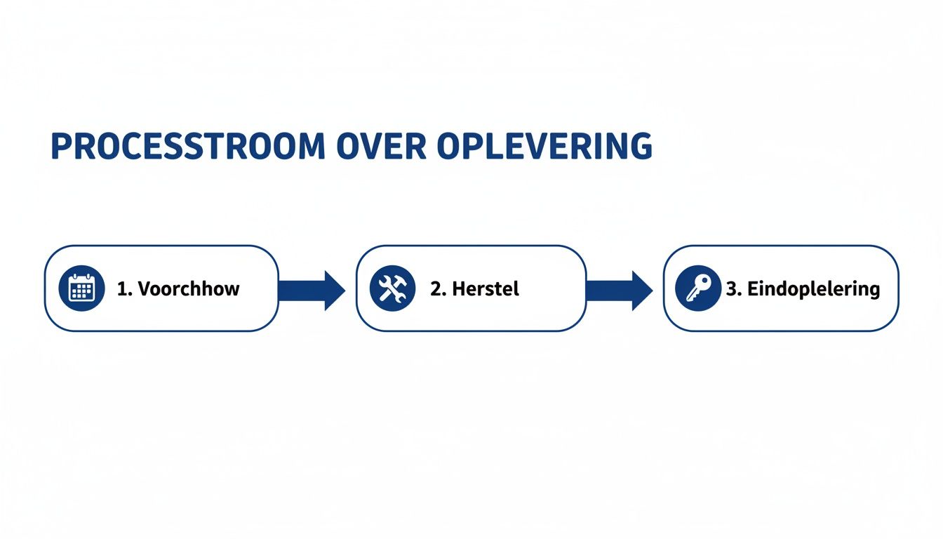 Processtroom van oplevering: van voorschouw met kalender, via herstel met gereedschap, naar eindoplevering met sleutel.