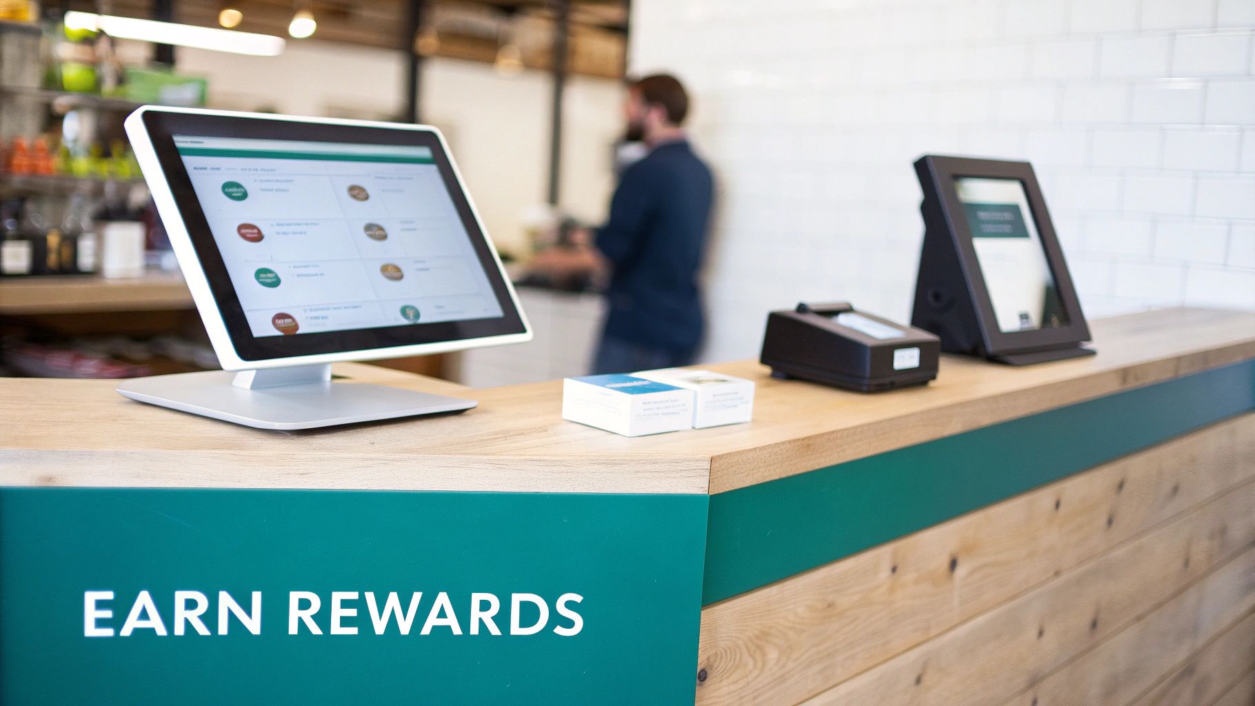 A modern retail counter with a touch-screen POS, payment terminal, and 'EARN REWARDS' sign.