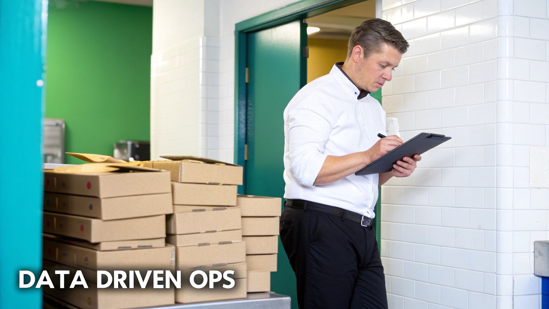 A man in a white shirt writes on a clipboard, surrounded by stacks of brown cardboard boxes, managing operations.