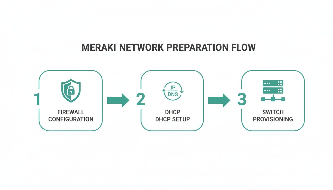 A flowchart illustrating the Meraki network preparation flow, including firewall, DHCP setup, and switch provisioning.