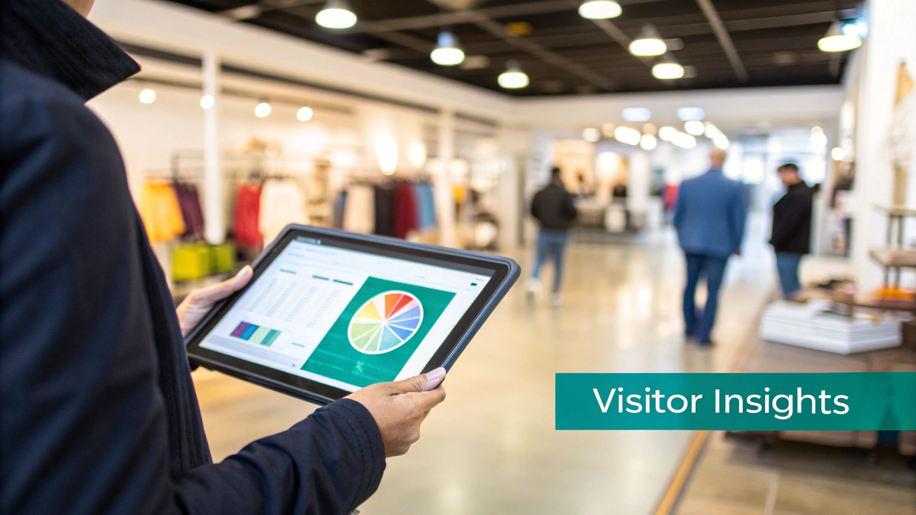Person holds tablet displaying visitor insights data in a retail store with blurred customers.