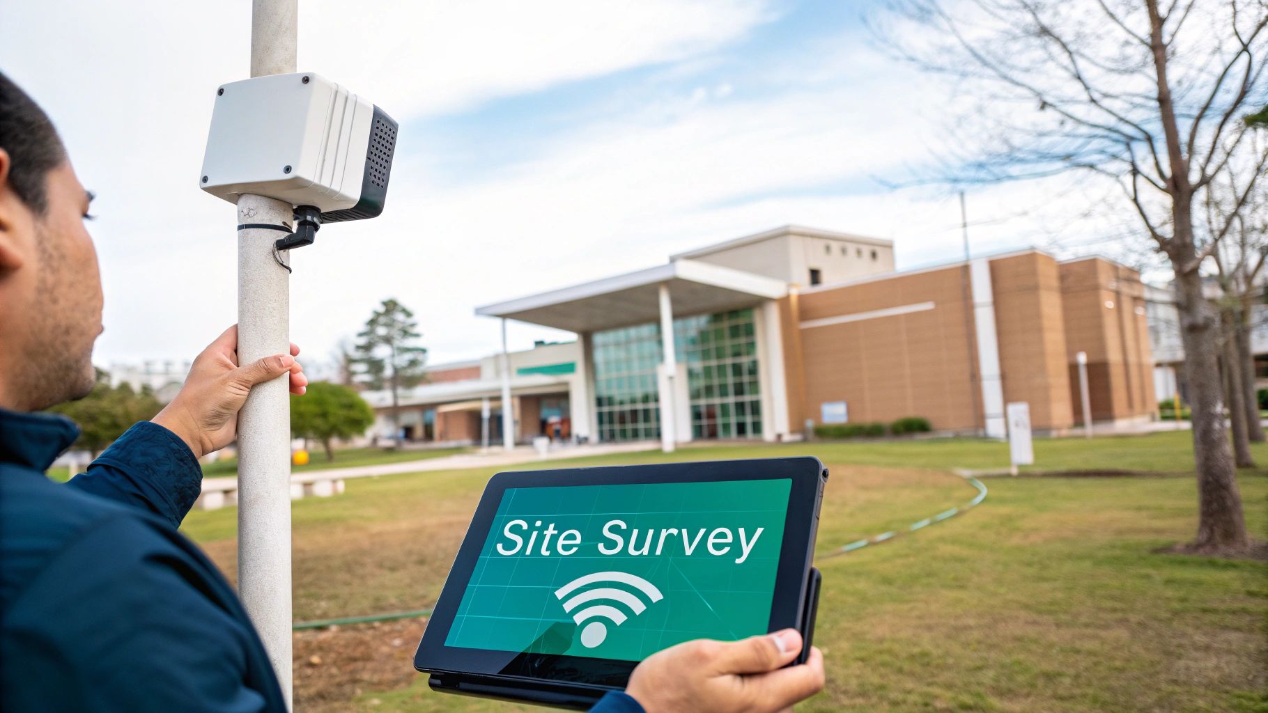 Man performing an outdoor site survey with a tablet and a mounted access point.