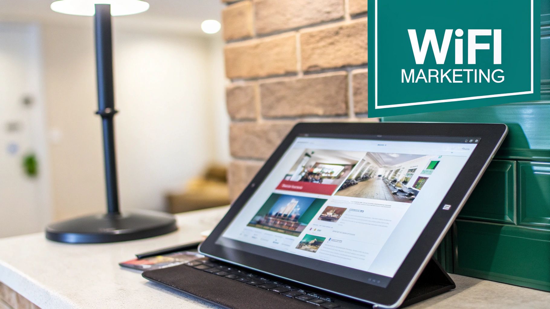 A guest happily using a laptop in a stylish hotel room with a strong Wi-Fi signal indicator.