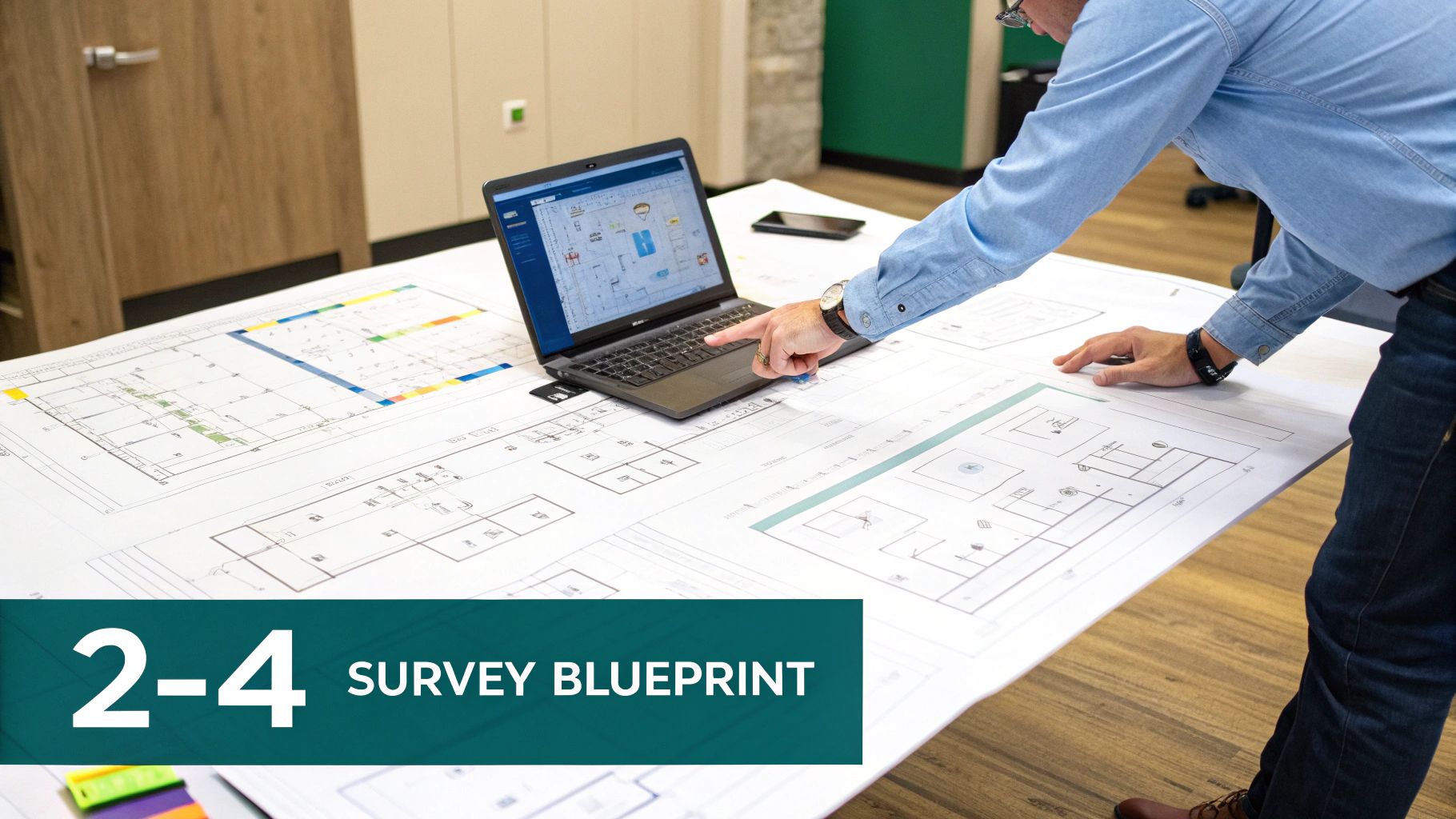 A person points at a laptop screen displaying a floor plan while reviewing blueprints on a large table.