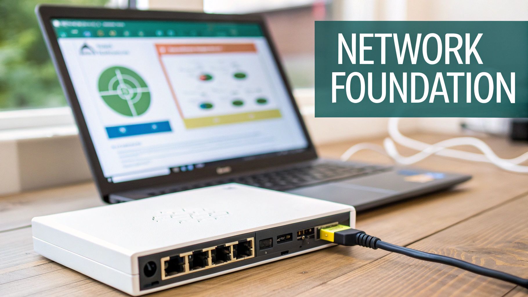 Laptop displaying network analytics next to a network switch with an Ethernet cable, on a wooden table.
