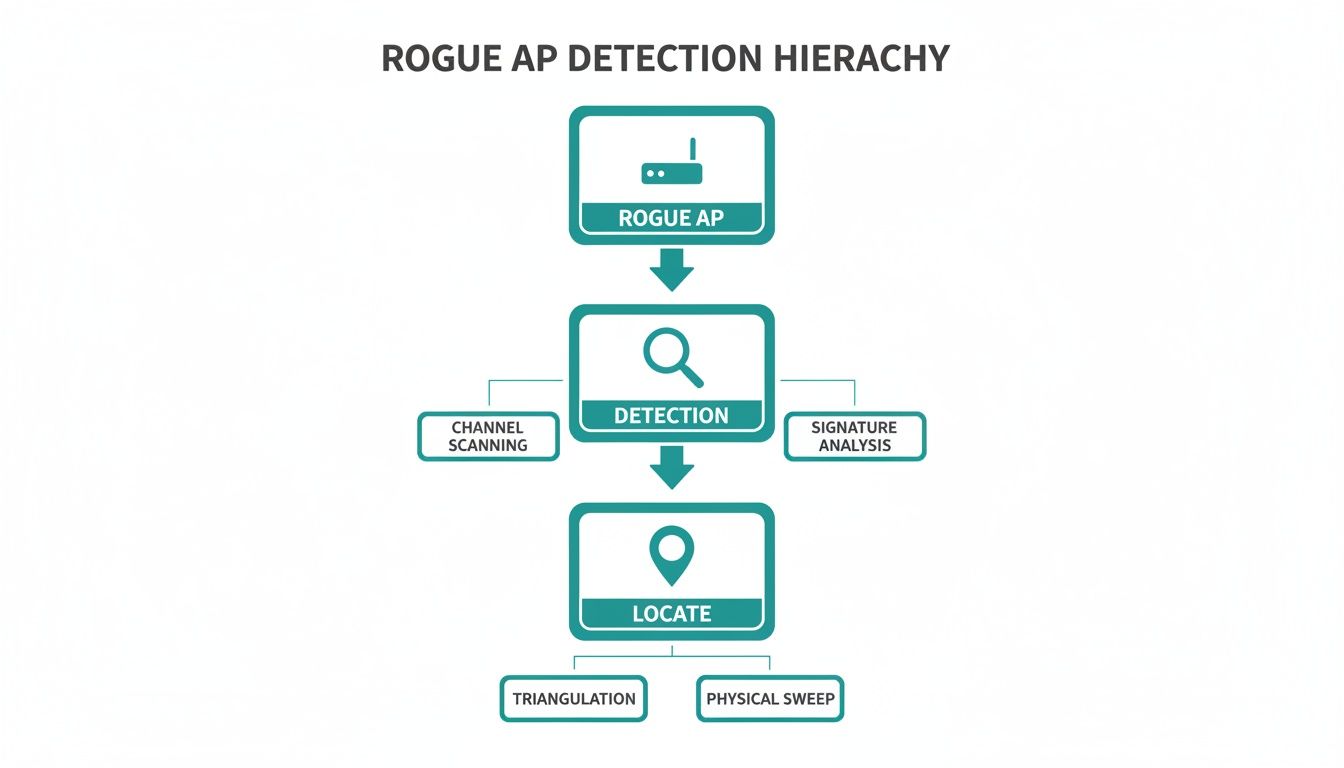 Flowchart detailing the hierarchical process for rogue access point detection, including methods like scanning and triangulation.