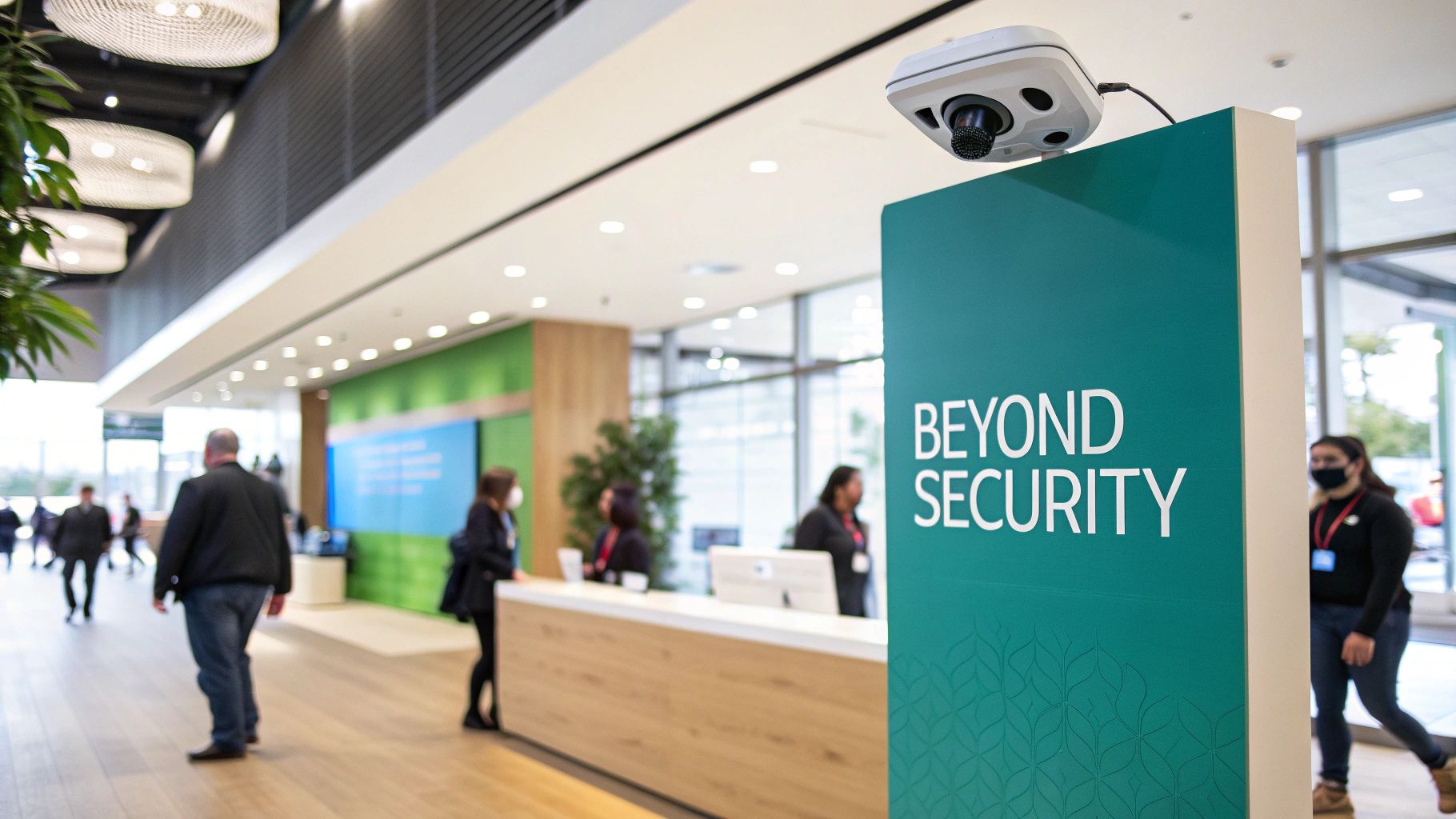 A modern lobby features a 'Beyond Security' sign with a camera mounted on top.