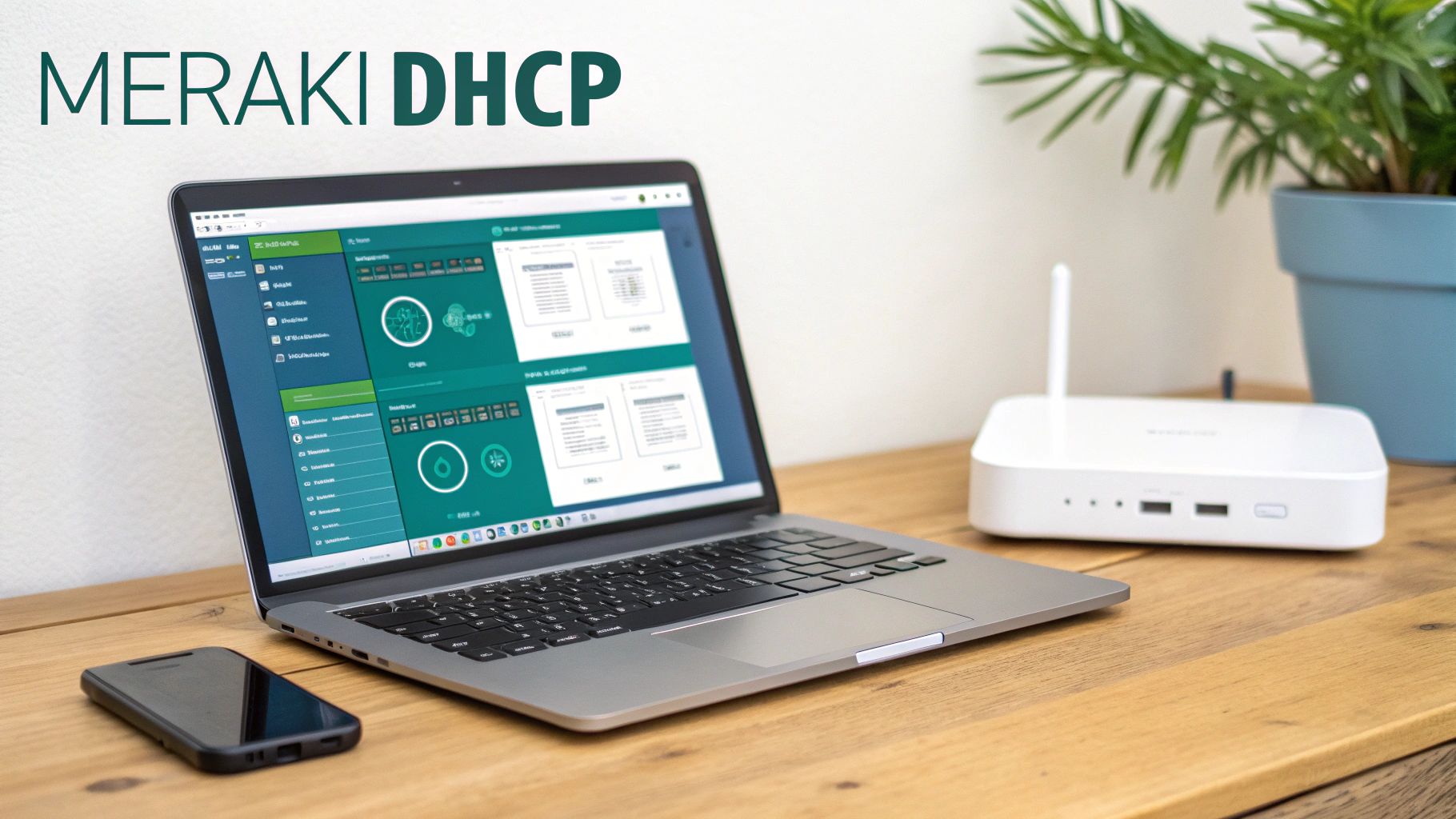 A laptop displaying Meraki DHCP network configuration alongside a router, smartphone, and plant on a wooden desk.