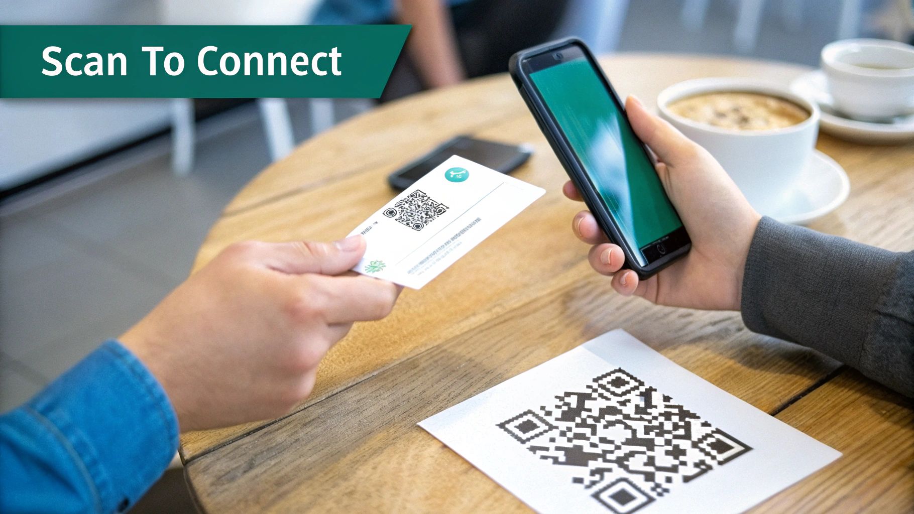 Two people using a smartphone to scan a QR code on a card, facilitating connection or check-in.