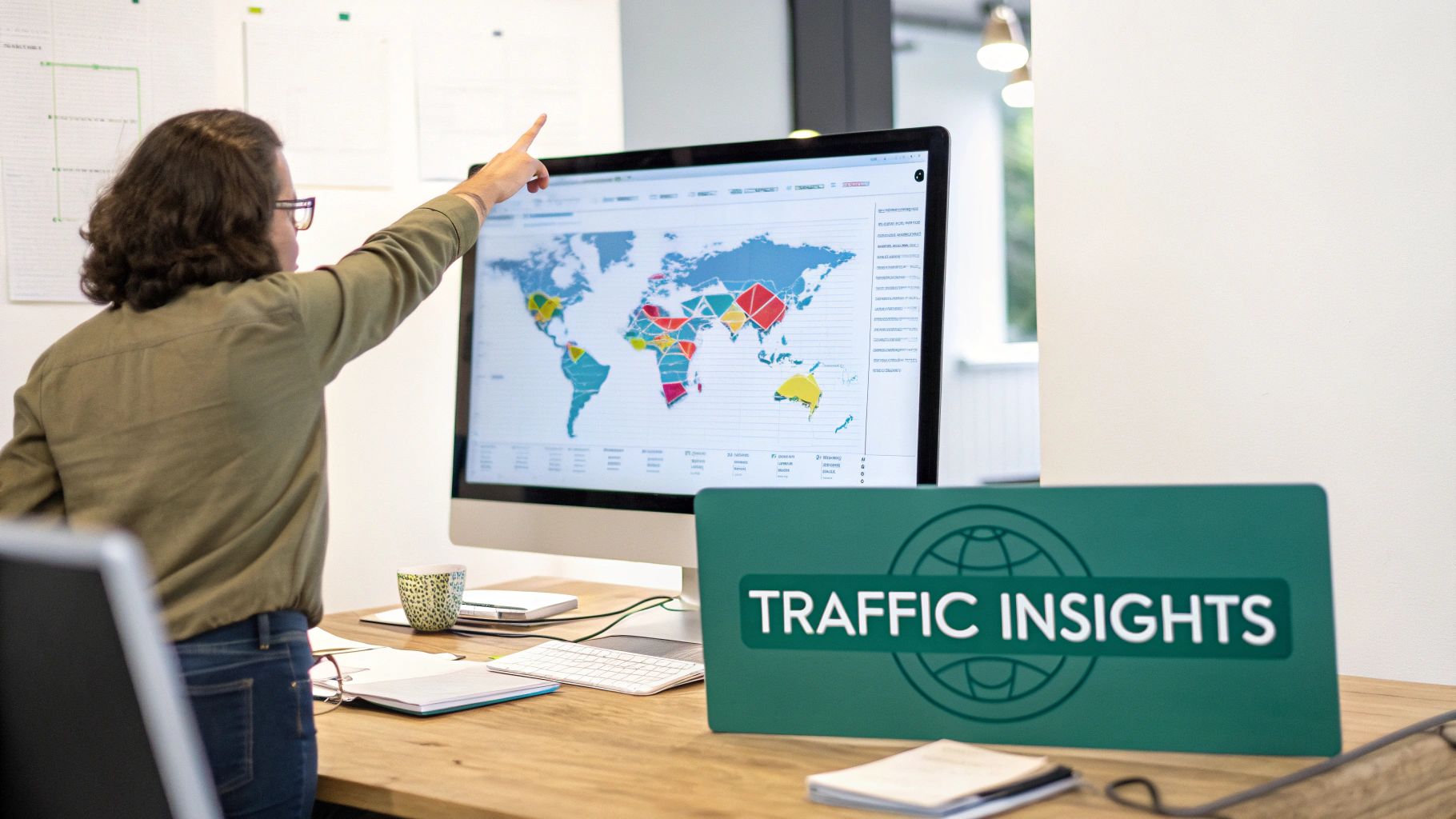 Professional analyzing global network traffic data on world map display in modern office
