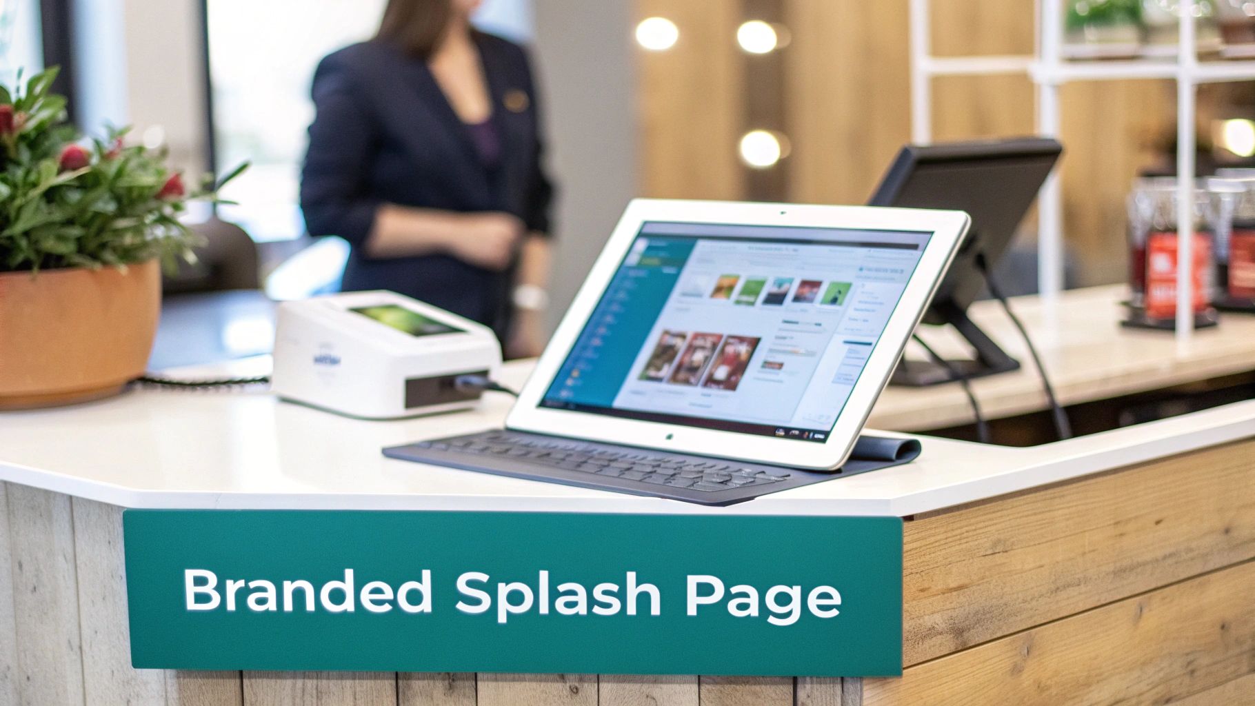 A tablet displaying a branded menu on a modern retail counter with a white payment device.