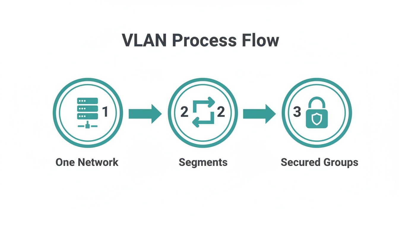 A diagram illustrating the VLAN process flow, moving from one network to segments and secured groups.