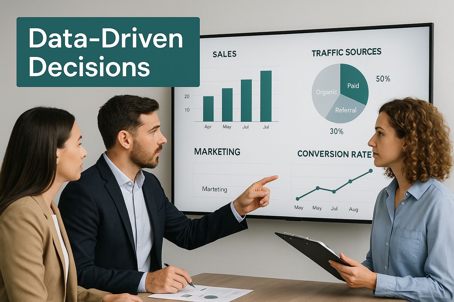 Infographic with a marketing team analyzing a digital dashboard with the text 'Data-Driven Decisions' in the corner